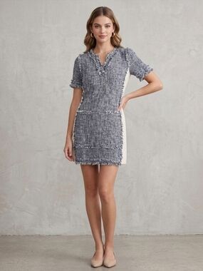 McGinn "Sandy" Chic Tweed Short Sleeve Fringe Neck Frayed Hem Panel Mini Dress 8